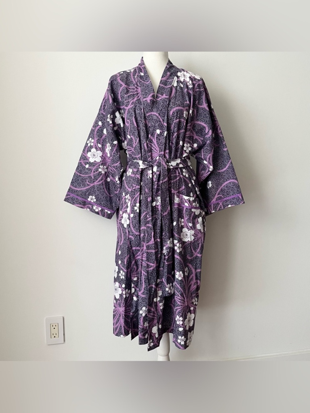 Hey Midori Women's Kimono Robe Purple Floral 100% Cotton One Size Made in Japan